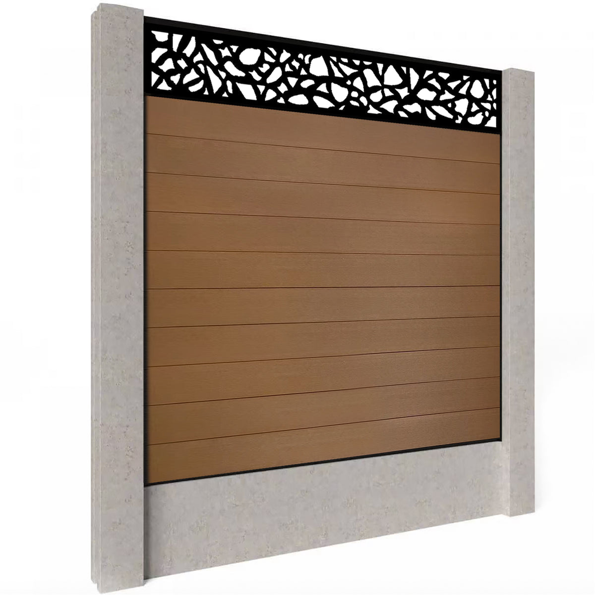 EasyComposite 6ft Composite Fence Panel Into Existing Concrete Posts - Golden Teak Boards & Pebble Topper Trellis