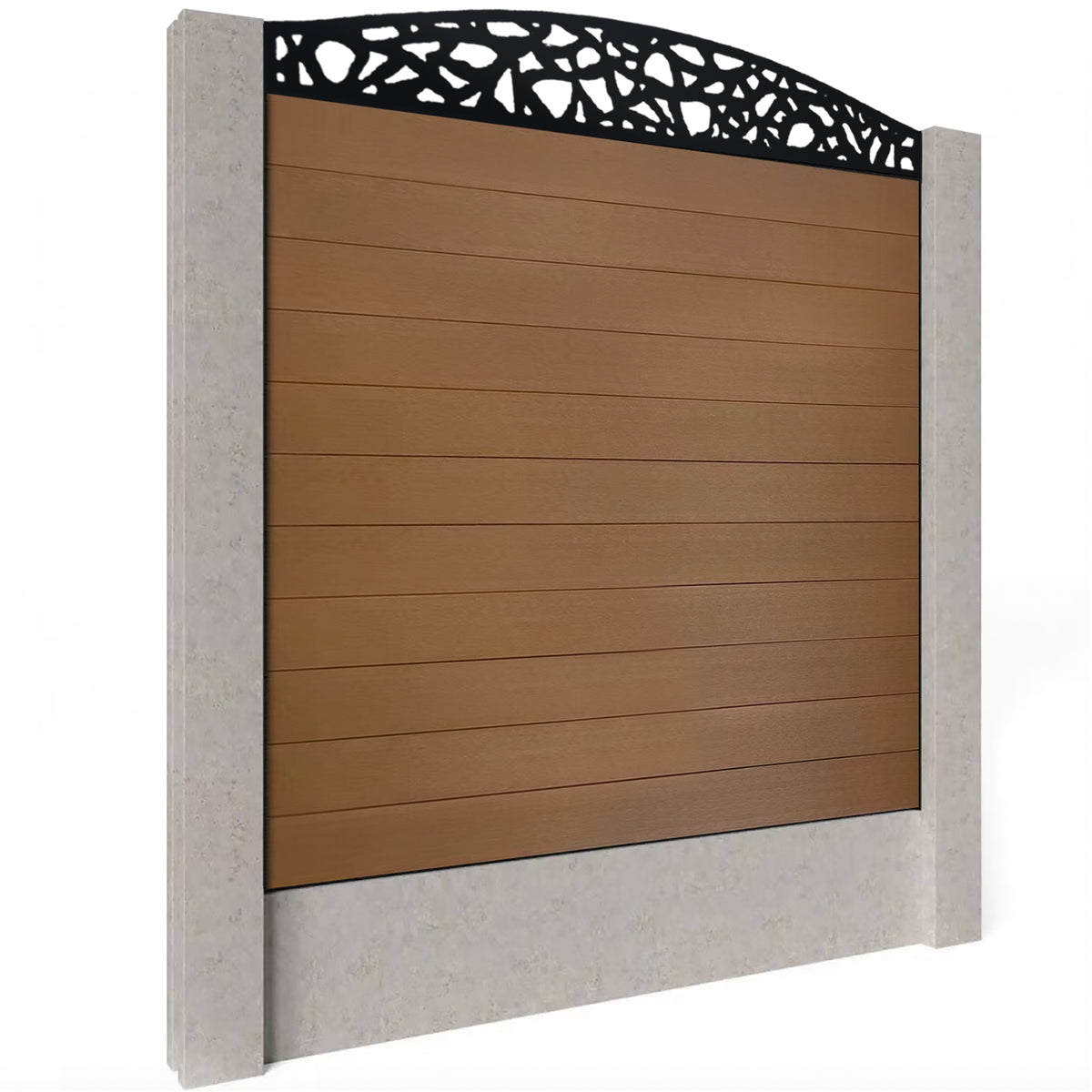 EasyComposite 6ft Composite Fence Panel Into Existing Concrete Posts - Golden Teak Boards & Pebble Curved Topper Trellis