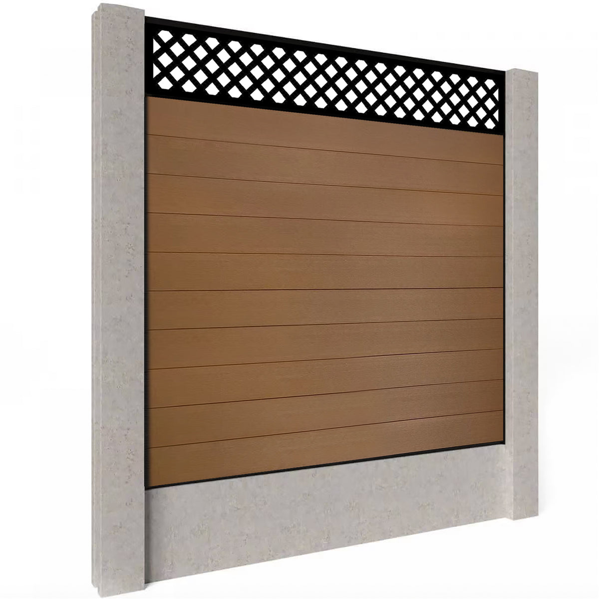 EasyComposite 6ft Composite Fence Panel Into Existing Concrete Posts - Golden Teak Boards & Wave Topper Trellis