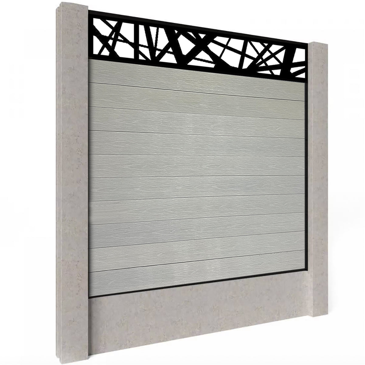 EasyComposite 6ft Composite Fence Panel Into Existing Concrete Posts - Light Grey Boards & Laser Topper Trellis
