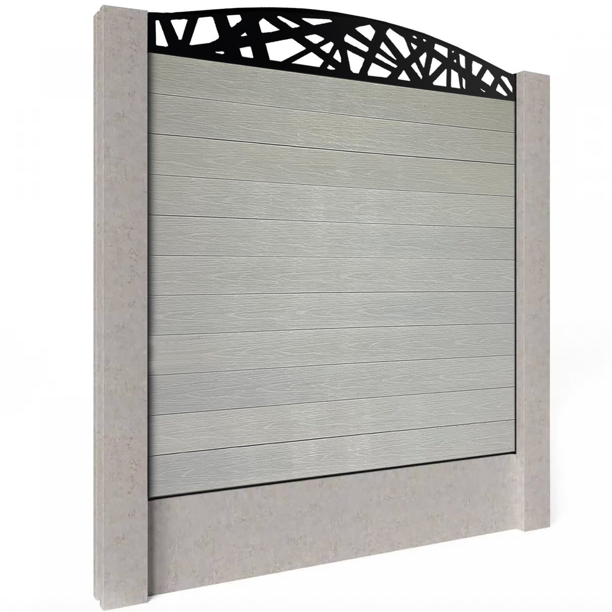 EasyComposite 6ft Composite Fence Panel Into Existing Concrete Posts - Light Grey Boards & Laser Curved Topper Trellis