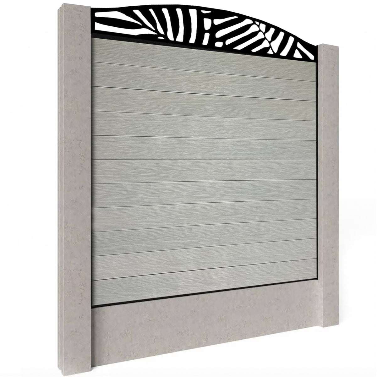 EasyComposite 6ft Composite Fence Panel Into Existing Concrete Posts - Light Grey Boards & Leafy Curved Topper Trellis