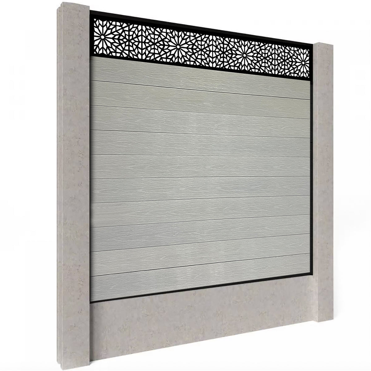 EasyComposite 2ft Composite Fence Panel & Aluminium Post Fitted Above Ground - Light Grey Boards & Morocco Topper Trellis