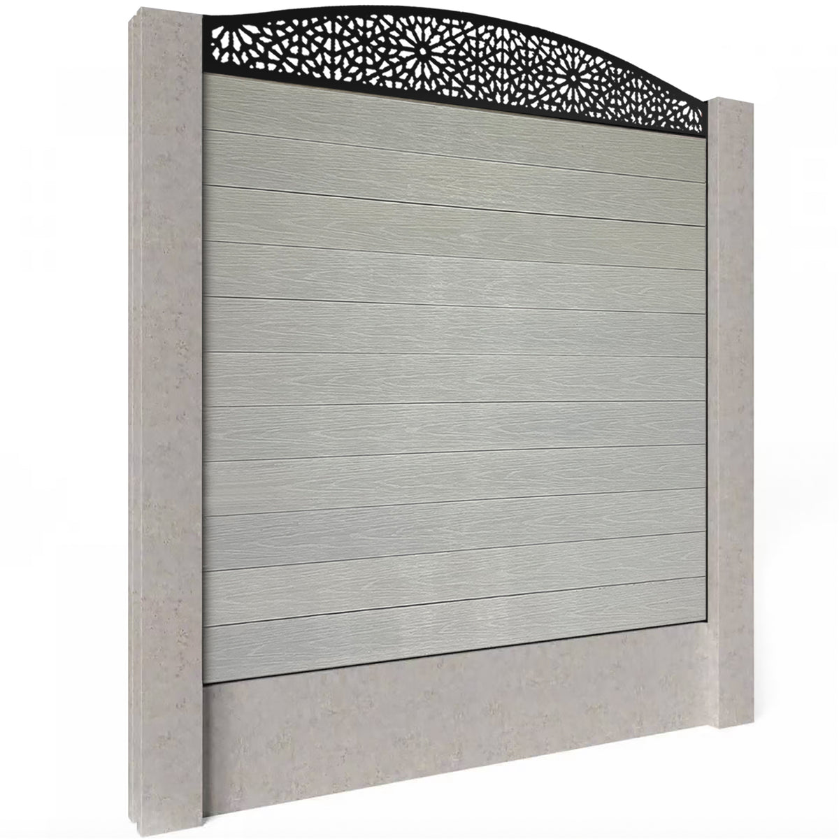 EasyComposite 6ft Composite Fence Panel Into Existing Concrete Posts - Light Grey Boards & Morocco Curved Topper Trellis