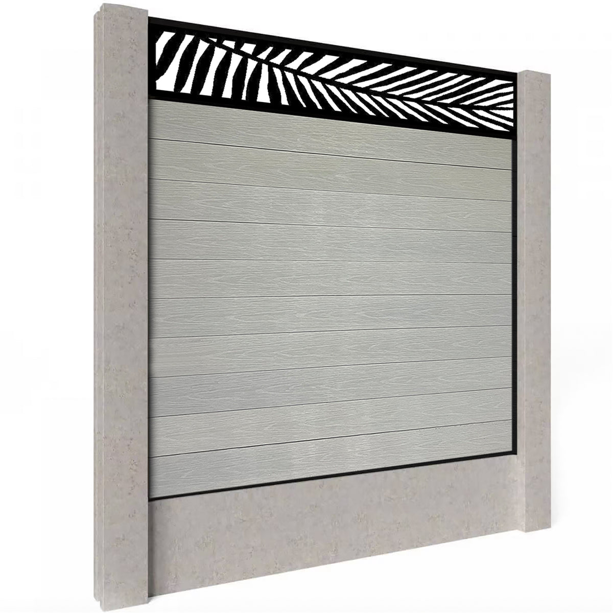 EasyComposite 6ft Composite Fence Panel Into Existing Concrete Posts - Light Grey Boards & Palm Topper Trellis
