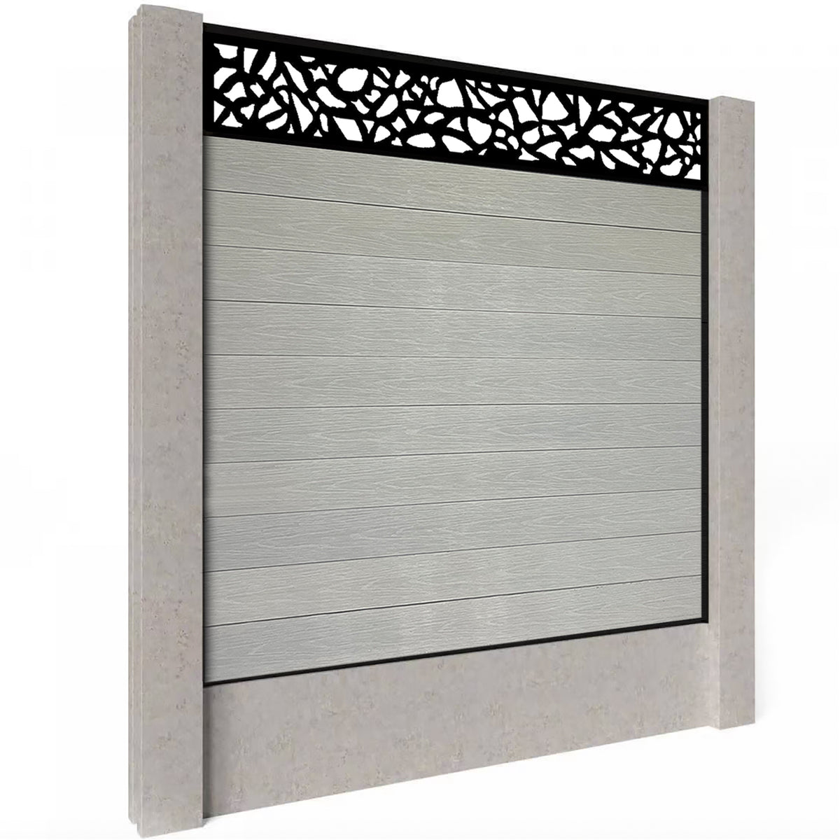 EasyComposite 6ft Composite Fence Panel Into Existing Concrete Posts - Light Grey Boards & Pebble Topper Trellis