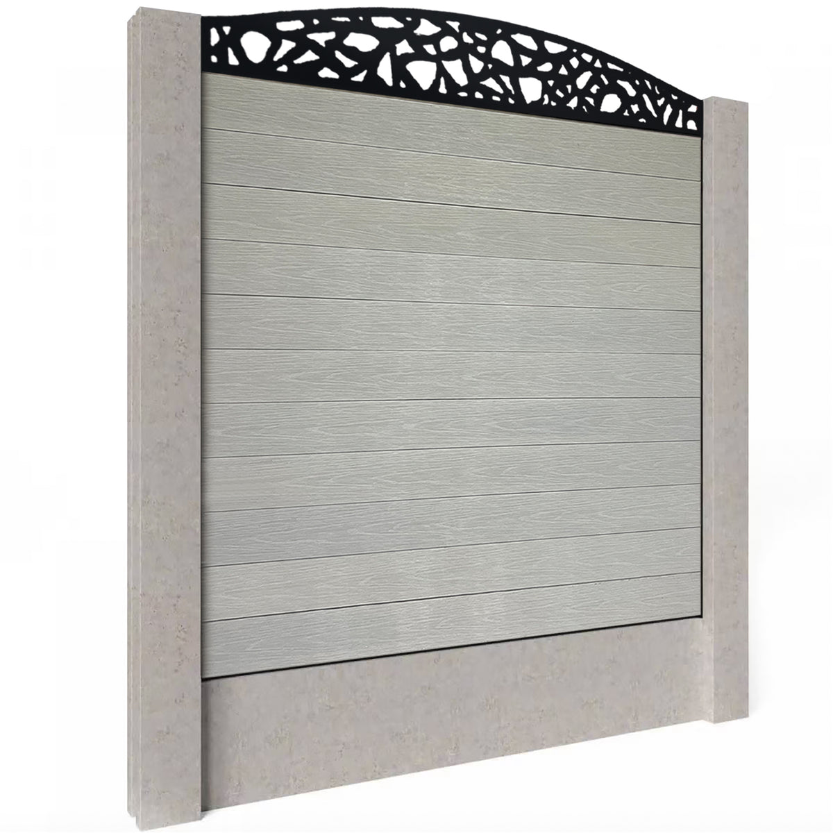 EasyComposite 6ft Composite Fence Panel Into Existing Concrete Posts - Light Grey Boards & Pebble Curved Topper Trellis