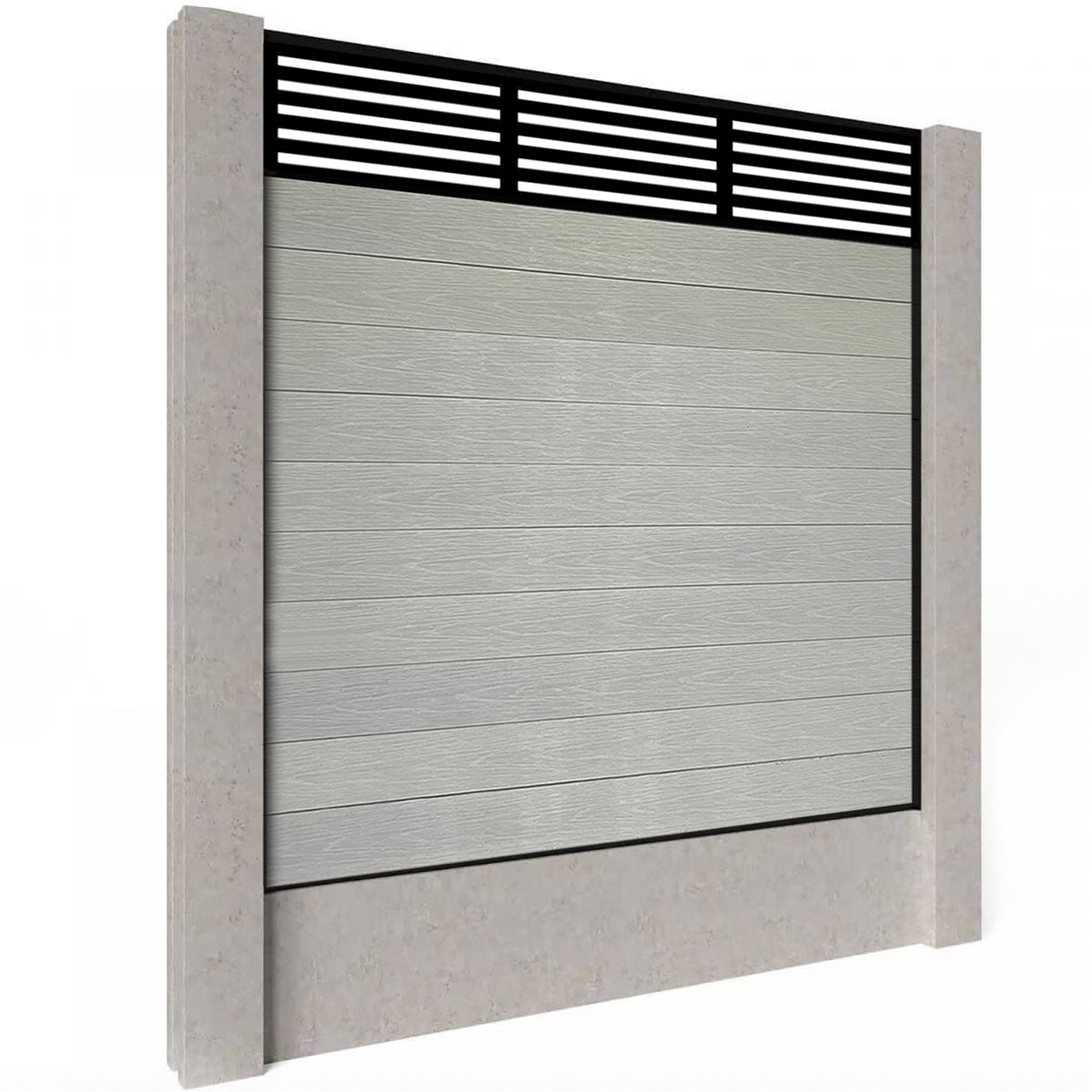EasyComposite 6ft Composite Fence Panel Into Existing Concrete Posts - Light Grey Boards & Slat Topper Trellis