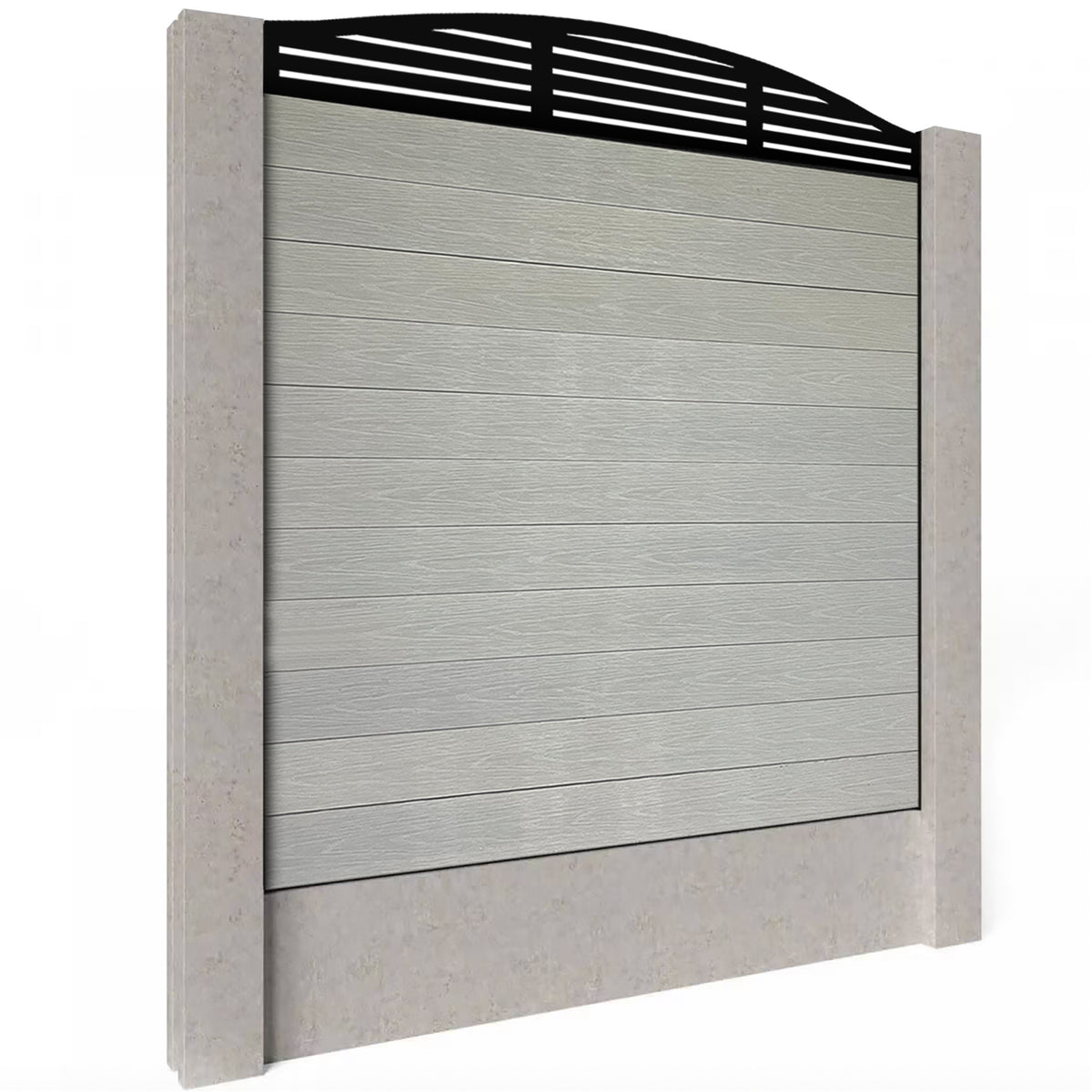 EasyComposite 6ft Composite Fence Panel Into Existing Concrete Posts - Light Grey Boards & Slat Curved Topper Trellis