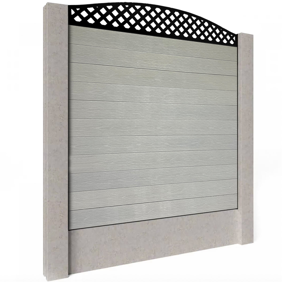 EasyComposite 6ft Composite Fence Panel Into Existing Concrete Posts - Light Grey Boards & Wave curved Topper Trellis