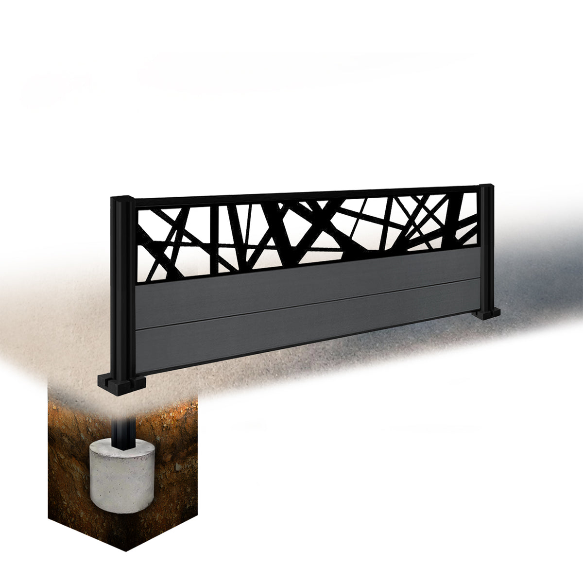 EasyComposite 2ft Composite Fence Panel & Aluminium Post Sunken in Ground - Dark Grey RAL7016 Boards & Laser Topper Trellis