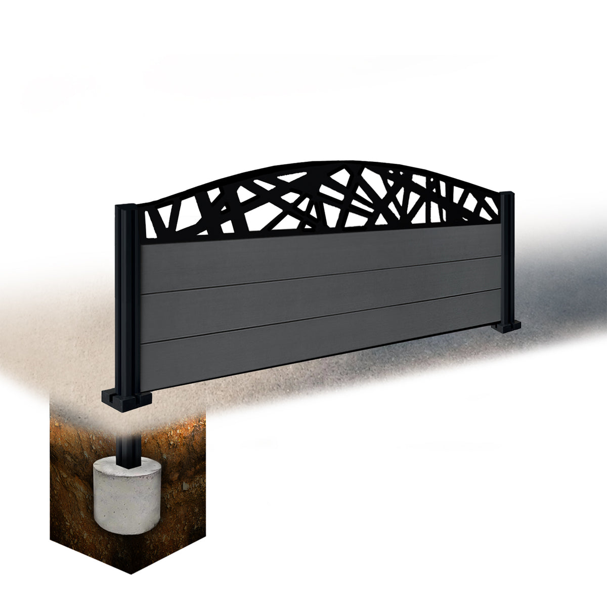 EasyComposite 2ft Composite Fence Panel & Aluminium Post Sunken in Ground - Dark Grey RAL7016 Boards & Laser Curved Topper Trellis