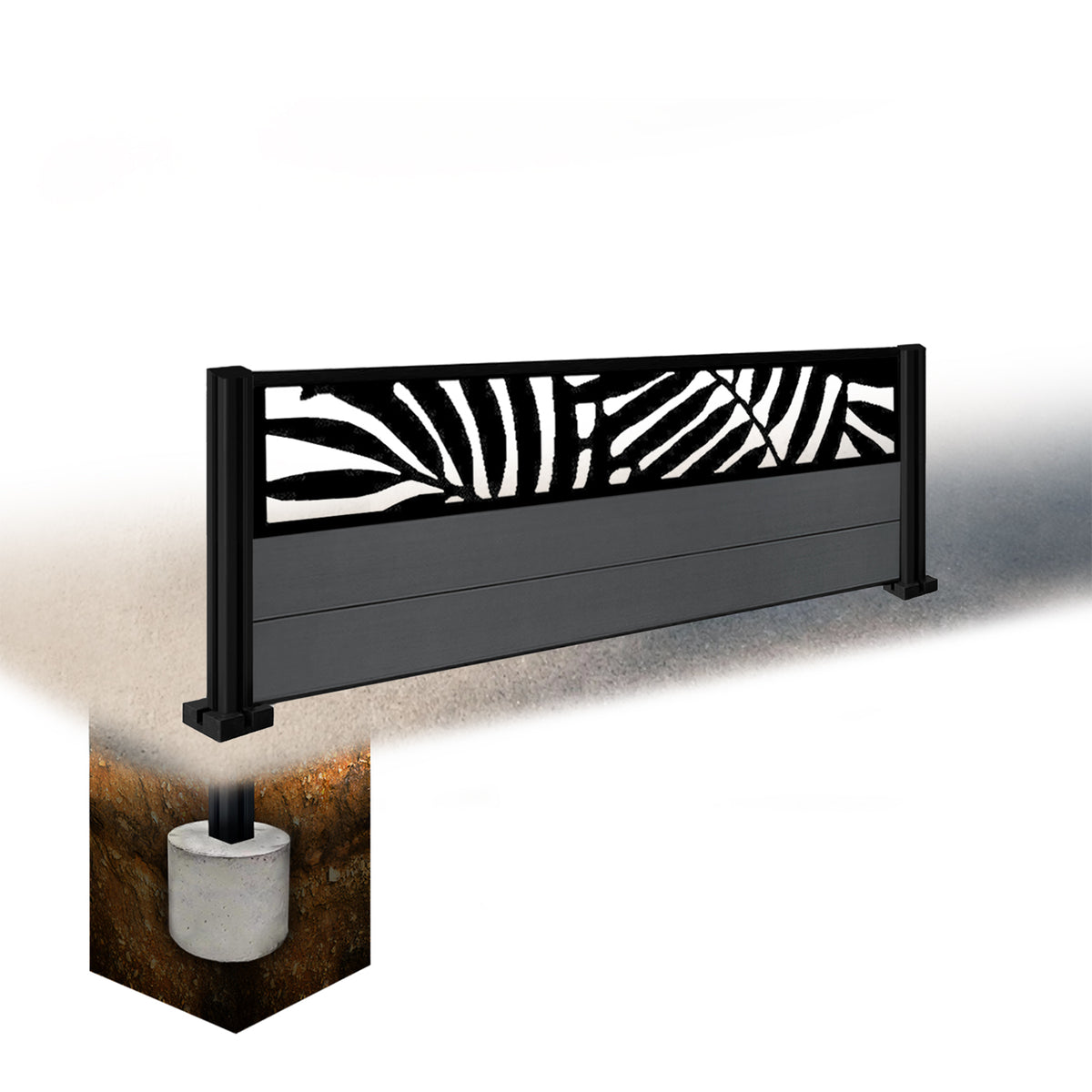 EasyComposite 4ft Composite Fence Panel & Aluminium Post Sunken in Ground - Dark Grey RAL7016 Boards & Leafy Topper Trellis