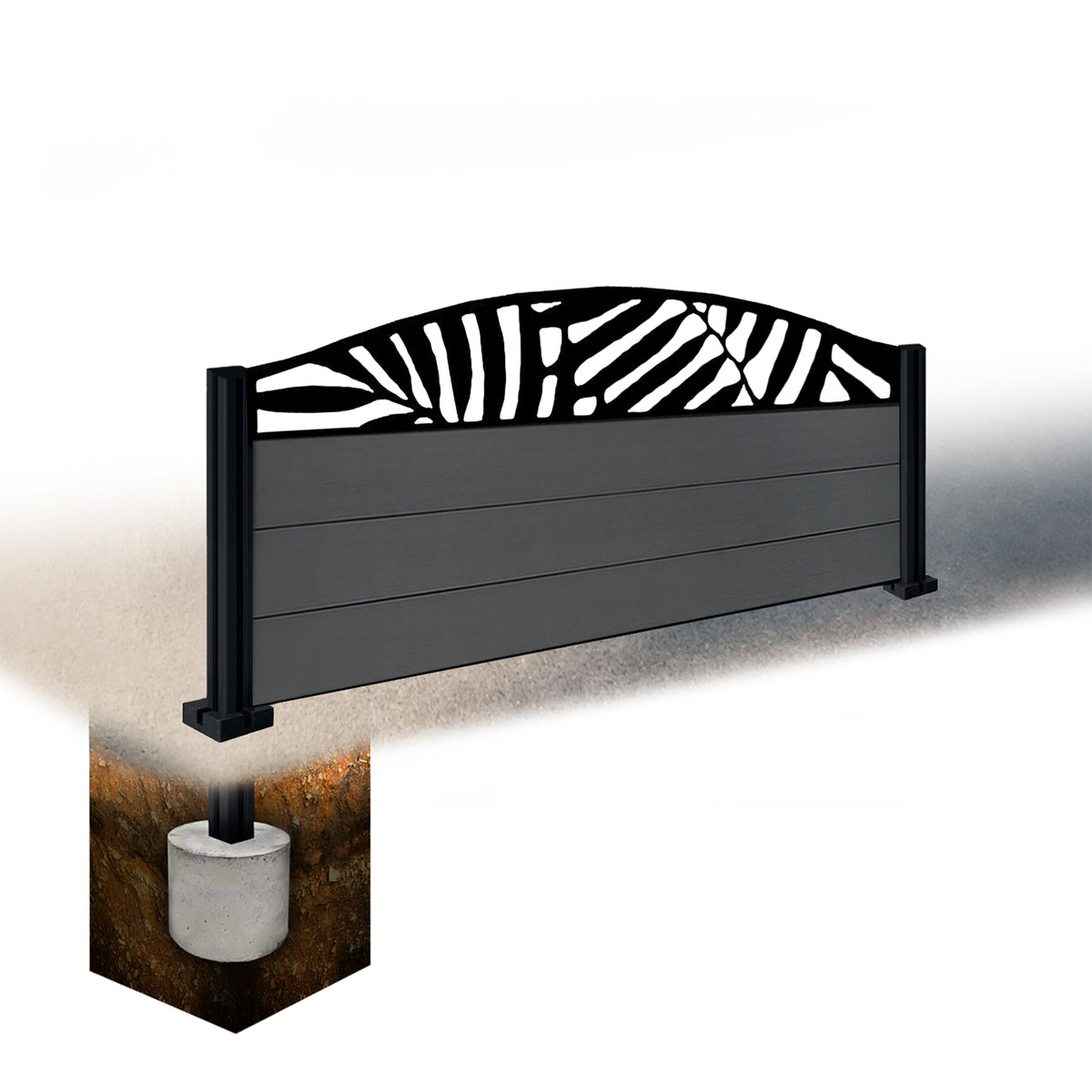EasyComposite 2ft Composite Fence Panel & Aluminium Post Sunken in Ground - Dark Grey RAL7016 Boards & Leafy Curved Topper Trellis