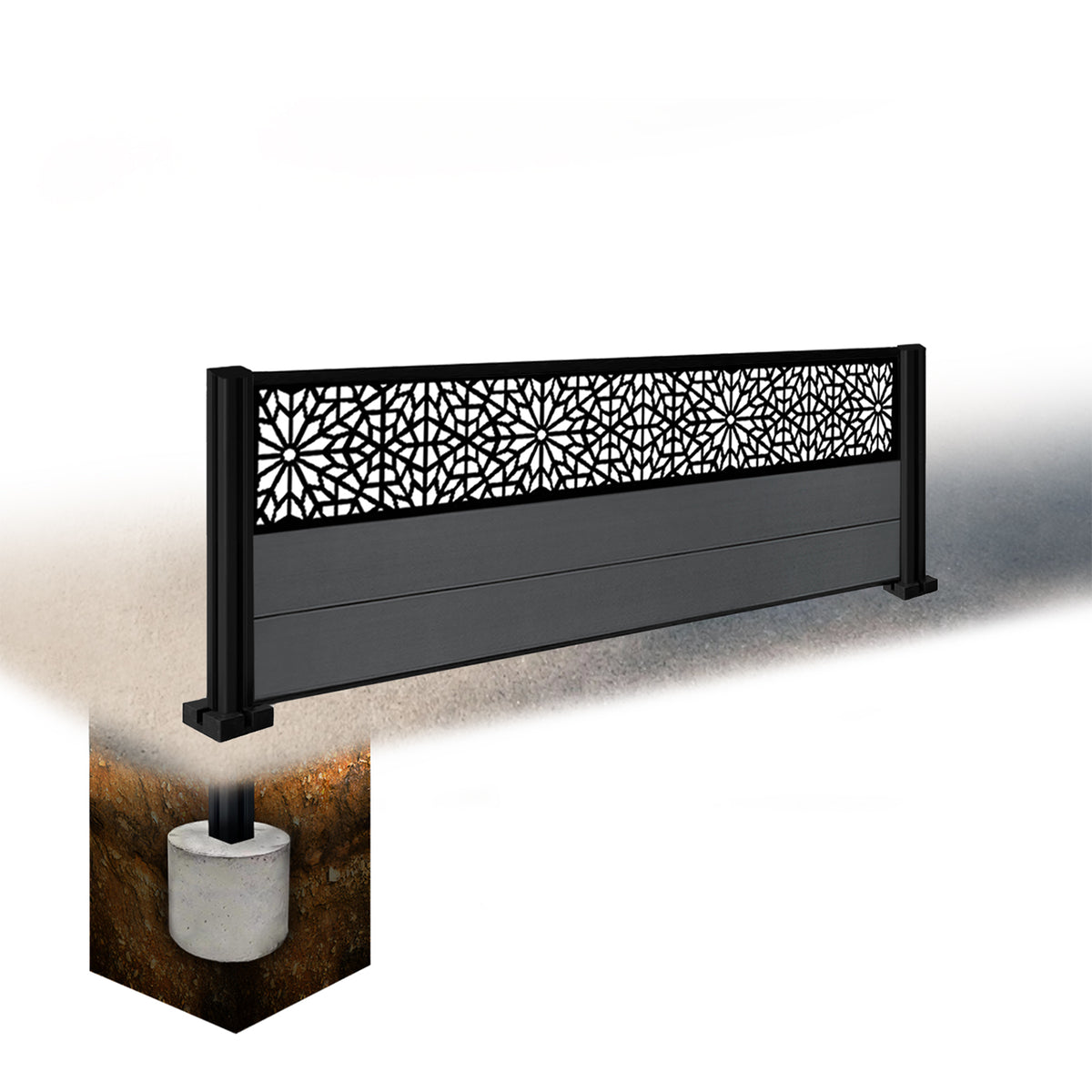 EasyComposite 3ft Composite Fence Panel & Aluminium Post Sunken in Ground - Dark Grey RAL7016 Boards & Morocco Topper Trellis