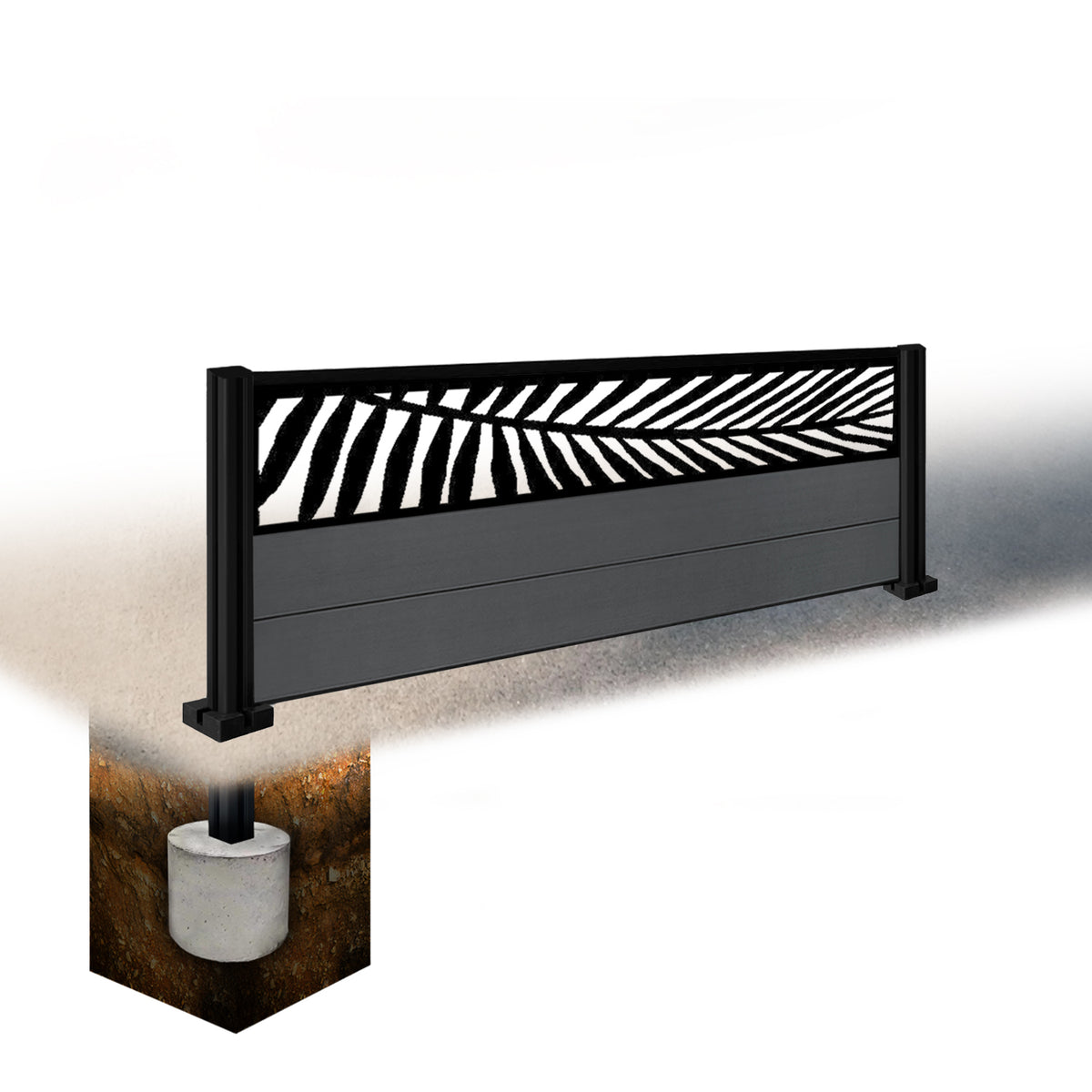 EasyComposite 2ft Composite Fence Panel & Aluminium Post Sunken in Ground - Dark Grey RAL7016 Boards & Palm Topper Trellis