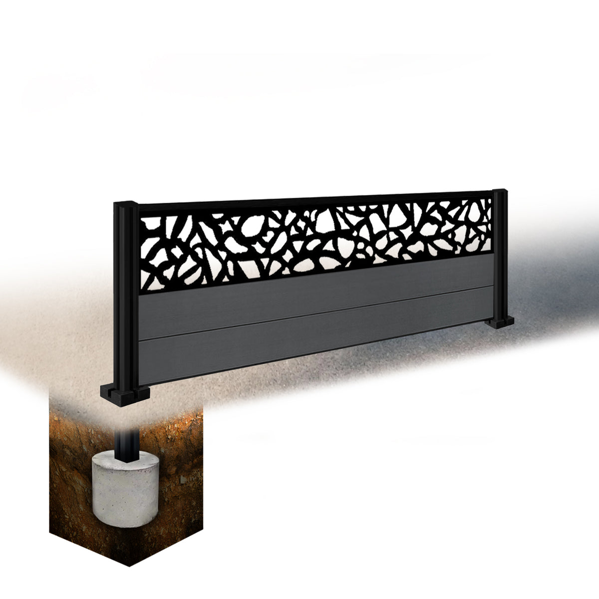 EasyComposite 2ft Composite Fence Panel & Aluminium Post Sunken in Ground - Dark Grey RAL7016 Boards & Pebble Topper Trellis