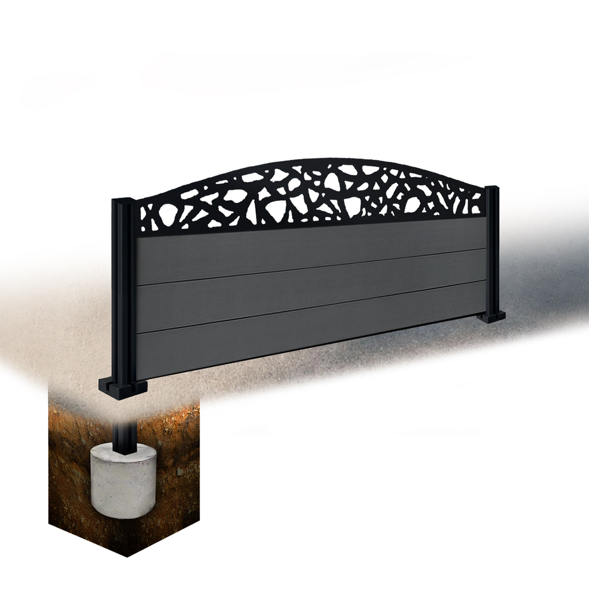 EasyComposite 2ft Composite Fence Panel & Aluminium Post Sunken in Ground - Dark Grey Boards & Pebble Curved Topper Trellis