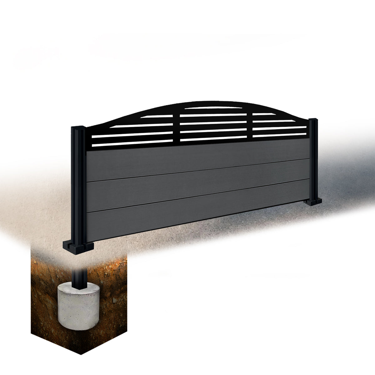 EasyComposite 2ft Composite Fence Panel & Aluminium Post Sunken in Ground - Dark Grey RAL7016 Boards & Slat Curved Topper Trellis