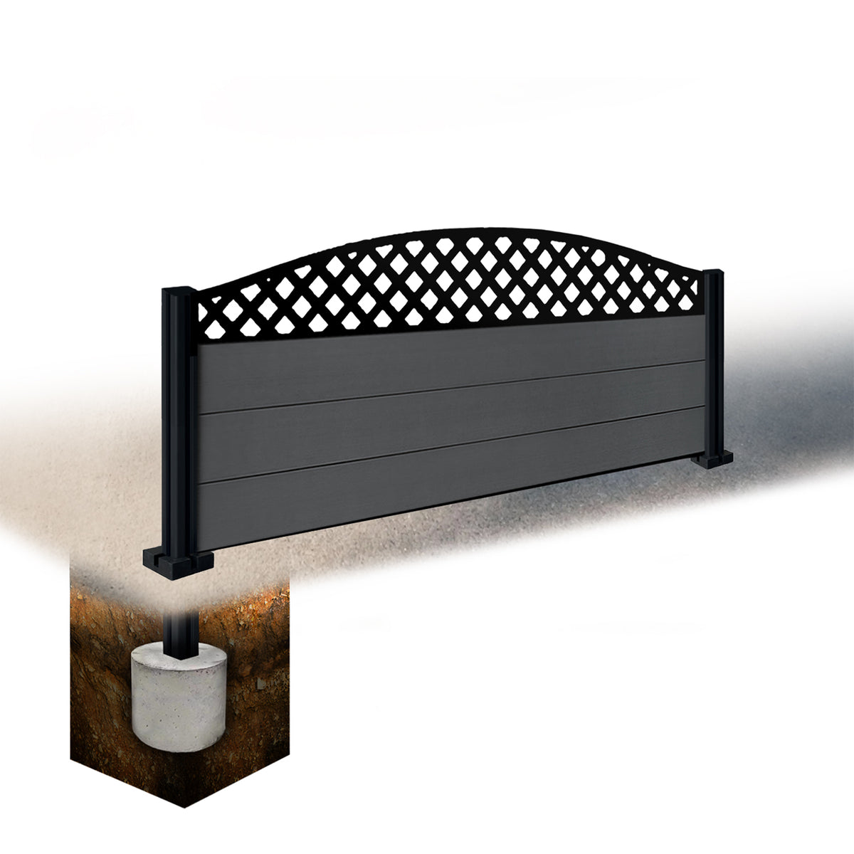 EasyComposite 2ft Composite Fence Panel & Aluminium Post Sunken in Ground - Dark Grey RAL7016 Boards & Wave curved Topper Trellis