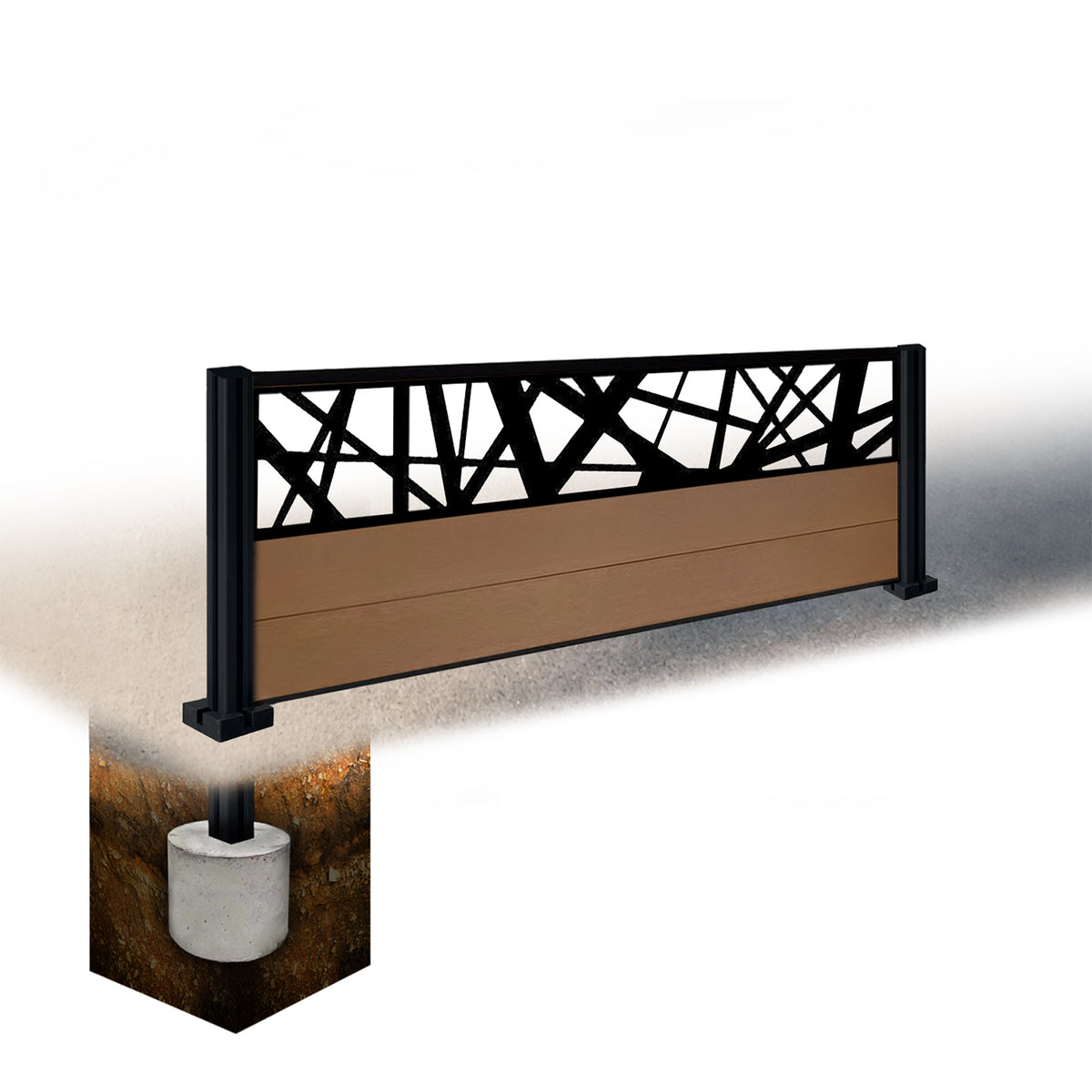 EasyComposite 2ft Composite Fence Panel & Aluminium Post Sunken in Ground - Golden Teak Boards & Laser Topper Trellis