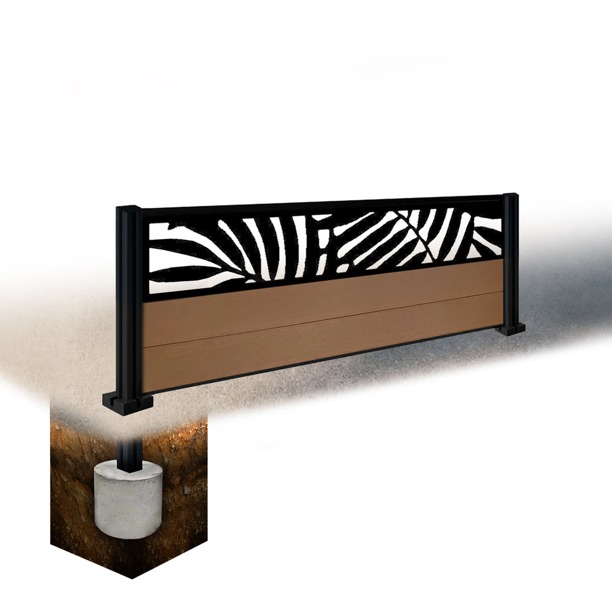 EasyComposite 4ft Composite Fence Panel & Aluminium Post Sunken in Ground - Golden Teak Boards & Leafy Topper Trellis