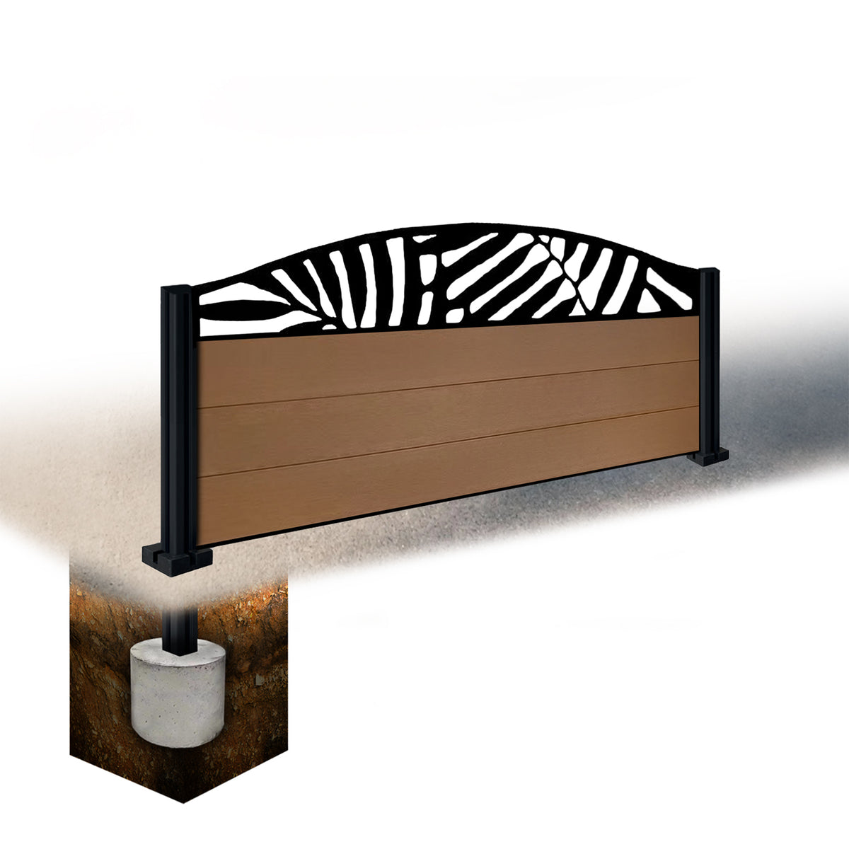 EasyComposite 2ft Composite Fence Panel & Aluminium Post Sunken in Ground - Golden Teak Boards & Leafy Curved Topper Trellis
