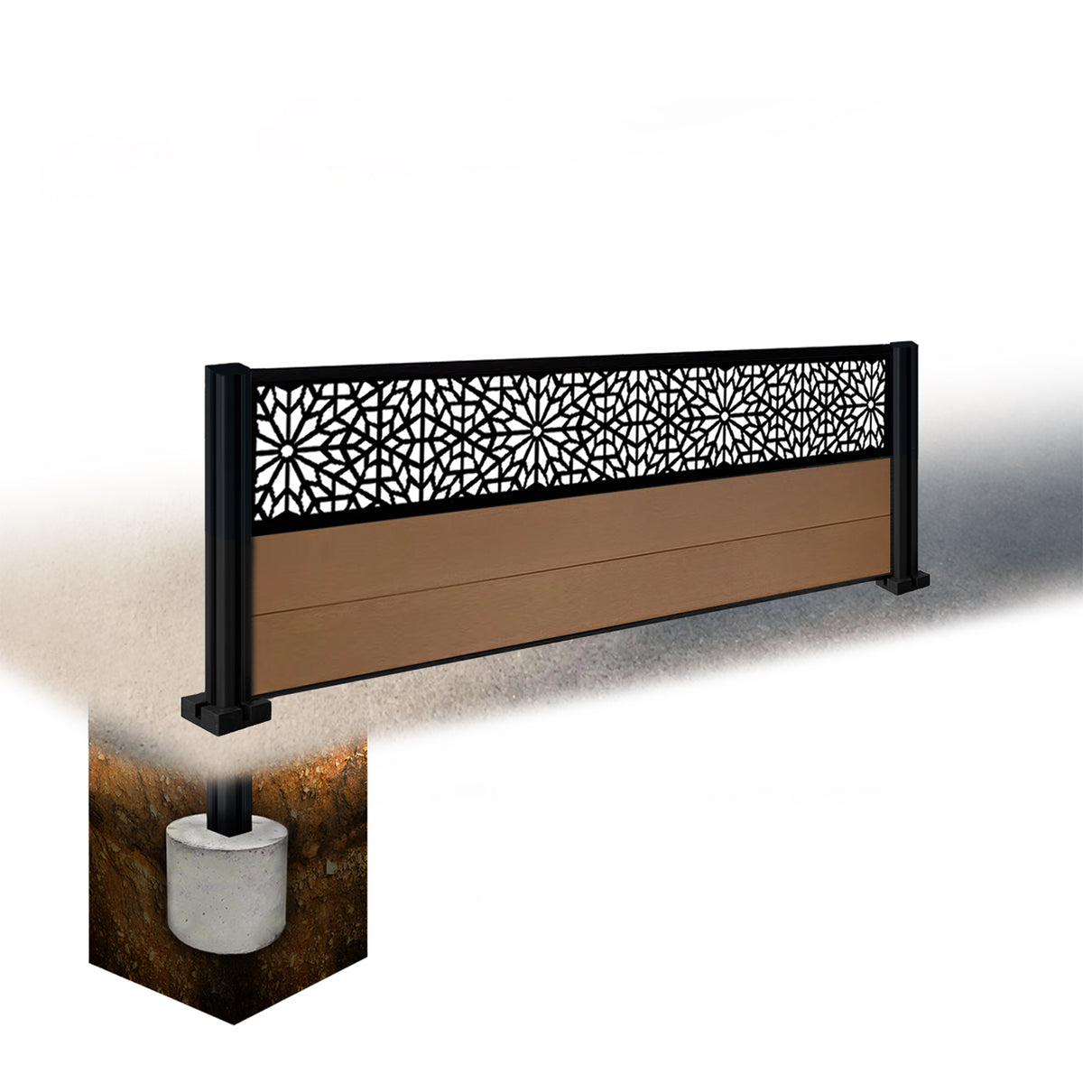 EasyComposite 3ft Composite Fence Panel & Aluminium Post Sunken in Ground - Golden Teak Boards & Morocco Topper Trellis