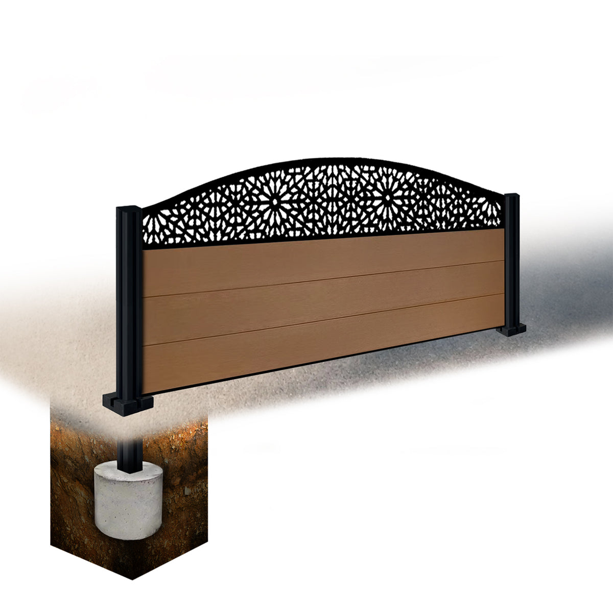EasyComposite 2ft Composite Fence Panel & Aluminium Post Sunken in Ground - Golden Teak Boards & Morocco Curved Topper Trellis