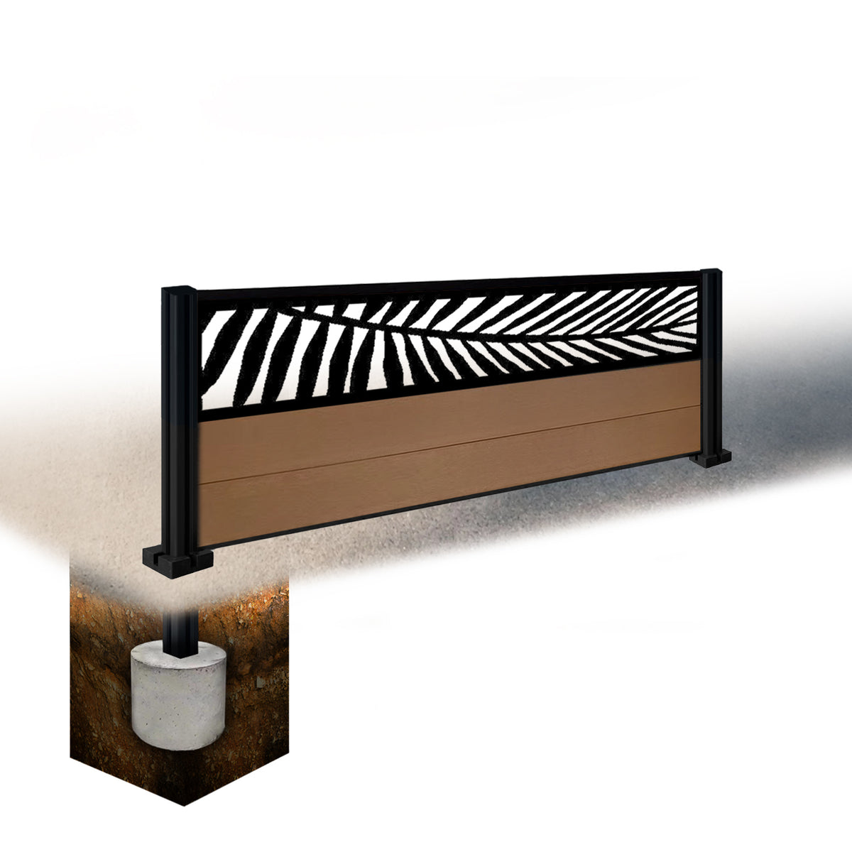 EasyComposite 2ft Composite Fence Panel & Aluminium Post Sunken in Ground - Golden Teak Boards & Palm Topper Trellis