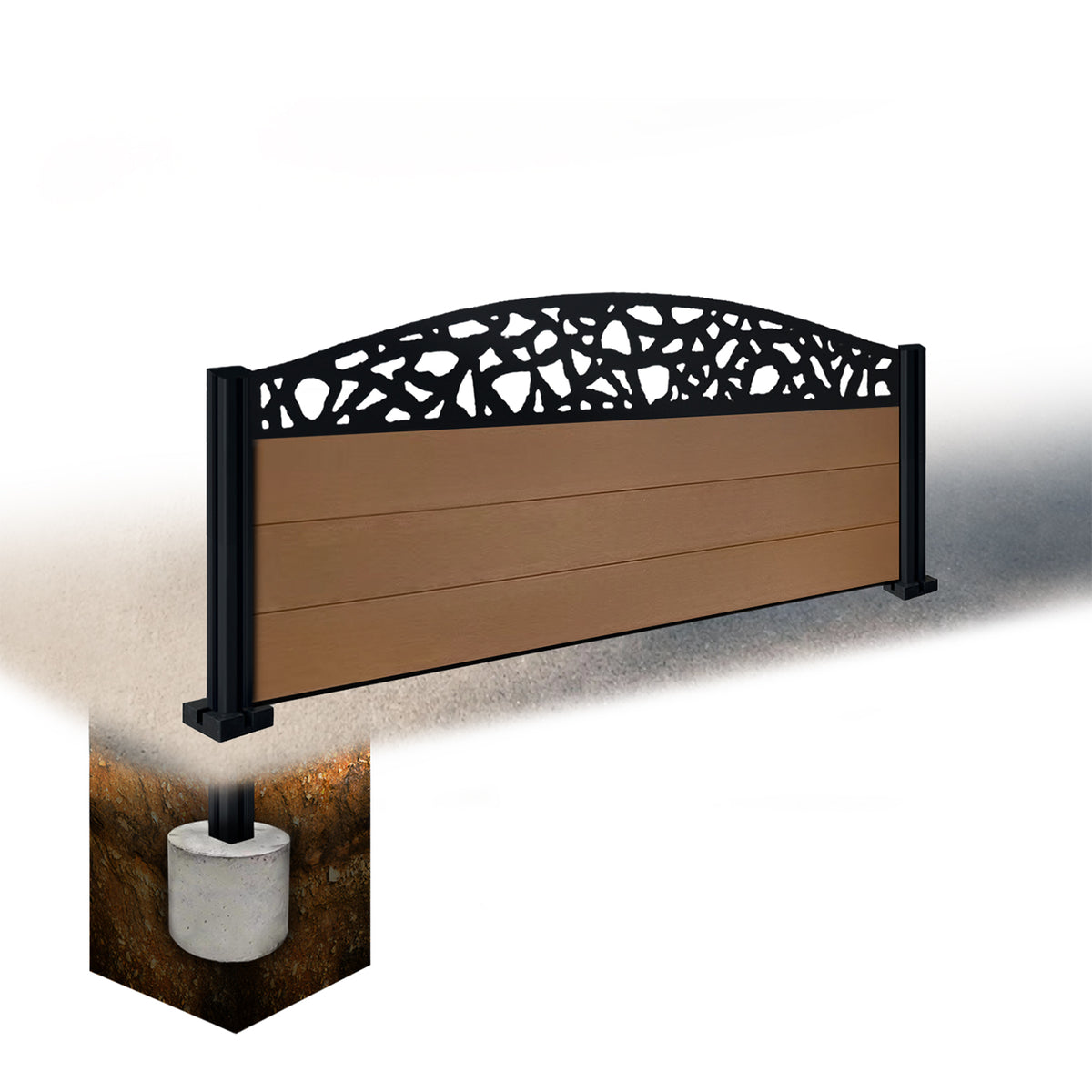 EasyComposite 2ft Composite Fence Panel & Aluminium Post Sunken in Ground - Golden Teak Boards & Pebble Curved Topper Trellis