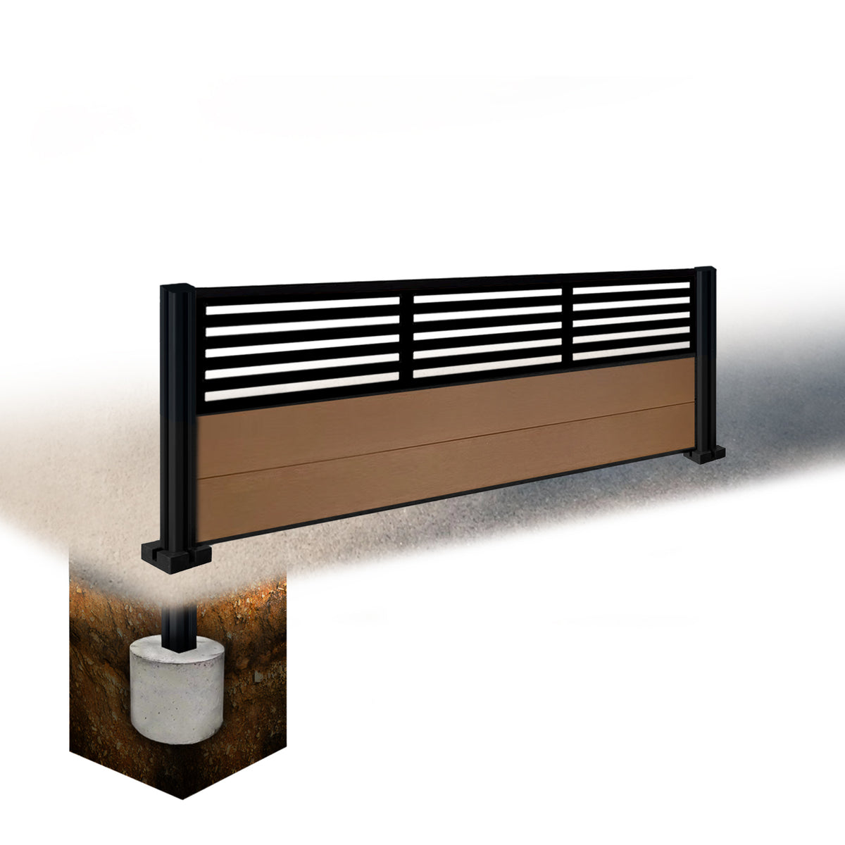 EasyComposite 2ft Composite Fence Panel & Aluminium Post Sunken in Ground - Golden Teak Boards & Slat Topper Trellis