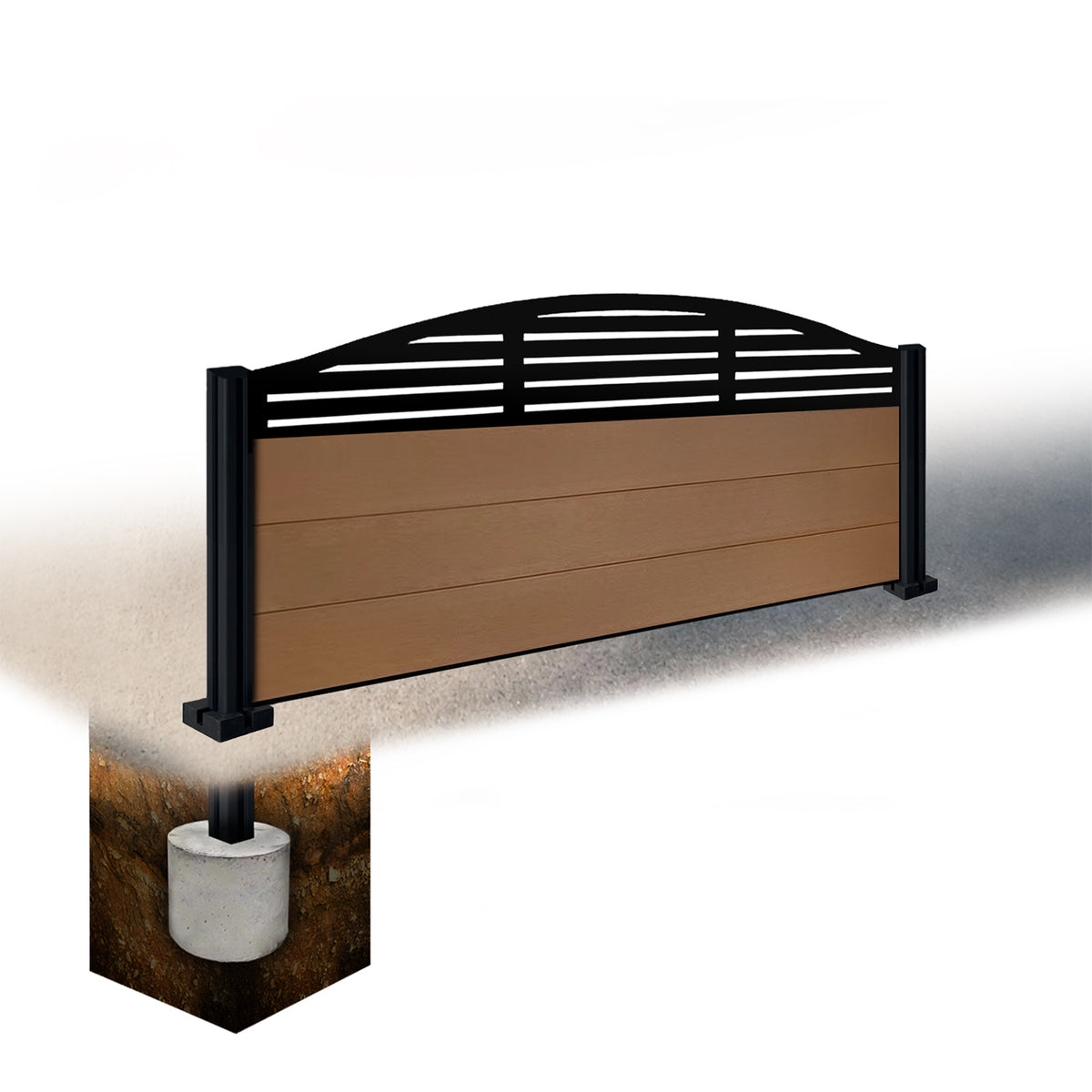 EasyComposite 2ft Composite Fence Panel & Aluminium Post Sunken in Ground - Golden Teak Boards & Slat Curved Topper Trellis