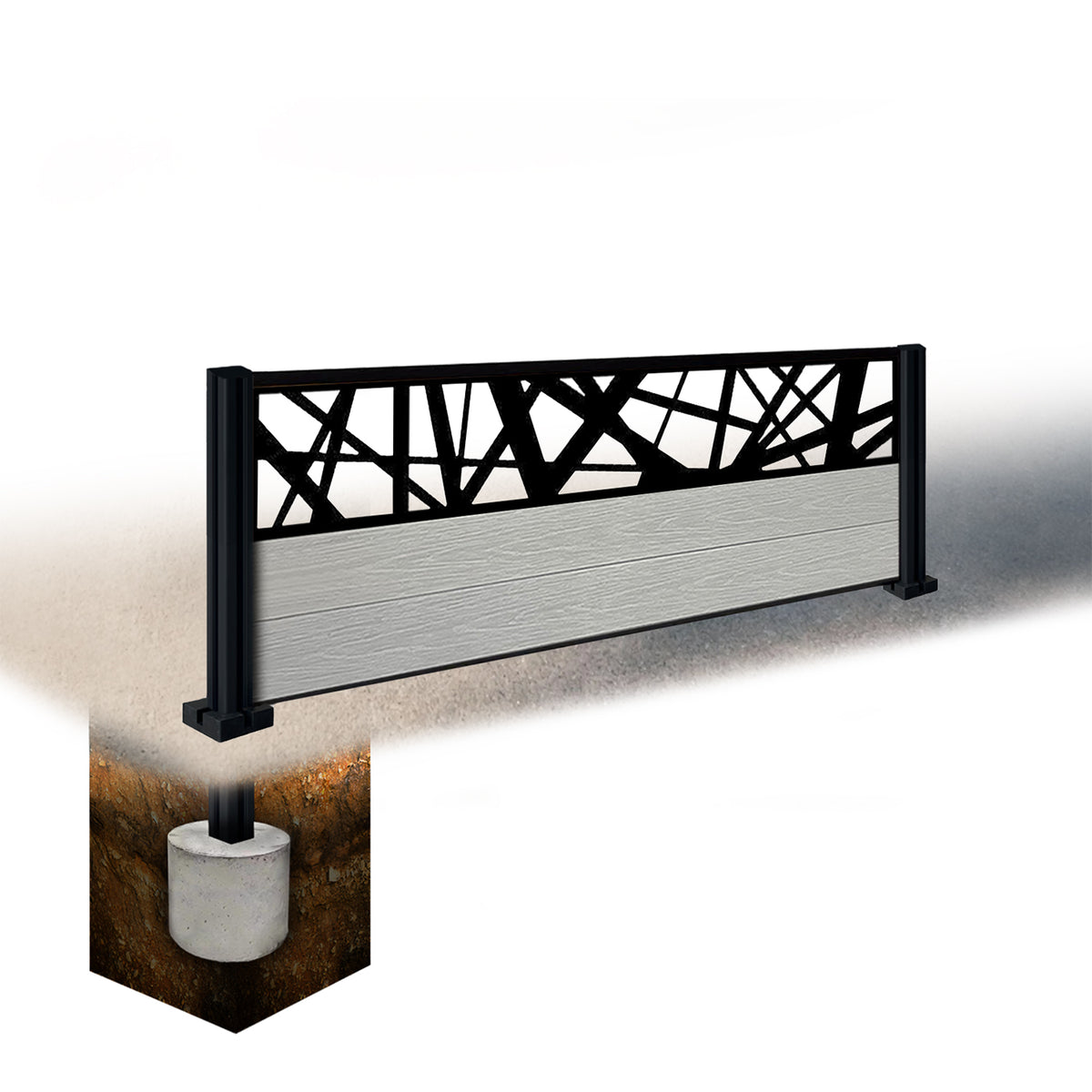 EasyComposite 2ft Composite Fence Panel & Aluminium Post Sunken in Ground - Light Grey Boards & Laser Topper Trellis