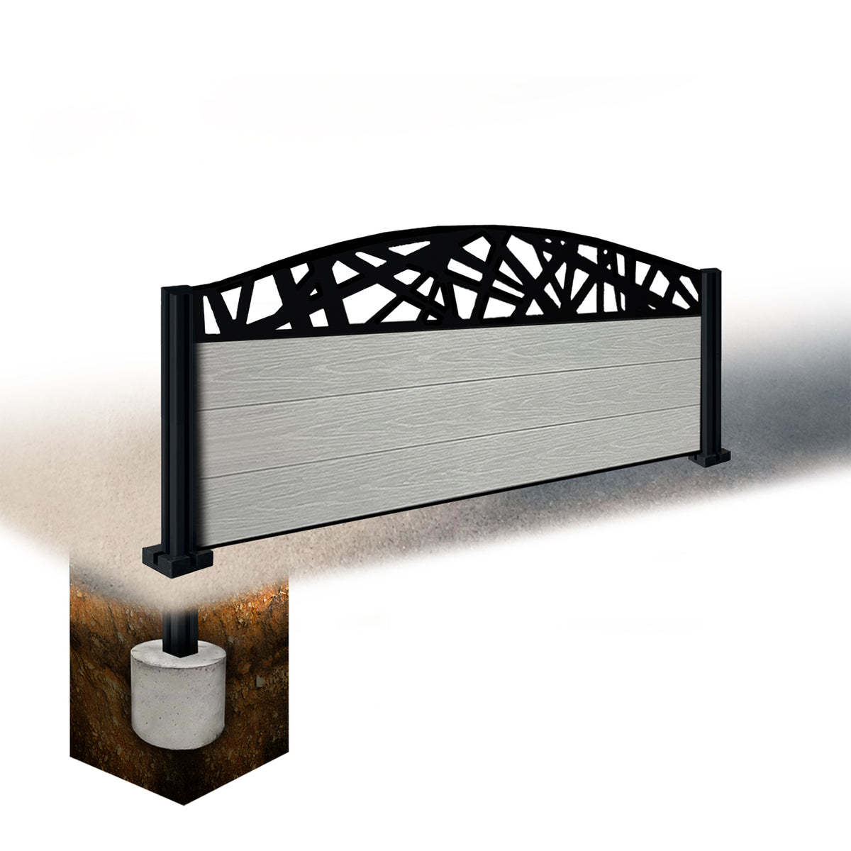 EasyComposite 2ft Composite Fence Panel & Aluminium Post Sunken in Ground - Light Grey Boards & Laser Curved Topper Trellis