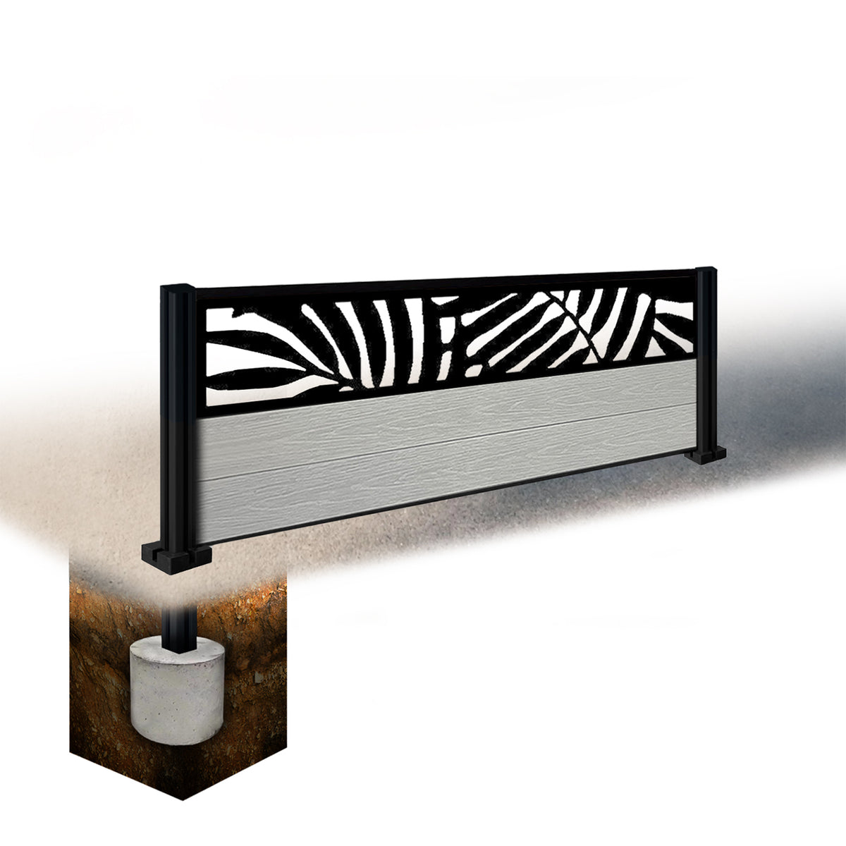 EasyComposite 4ft Composite Fence Panel & Aluminium Post Sunken in Ground - Light Grey Boards & Leafy Topper Trellis