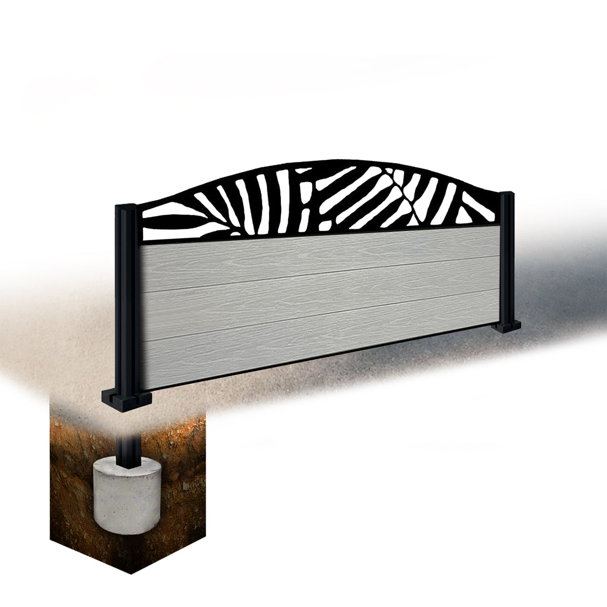 EasyComposite 2ft Composite Fence Panel & Aluminium Post Sunken in Ground - Light Grey Boards & Leafy Curved Topper Trellis