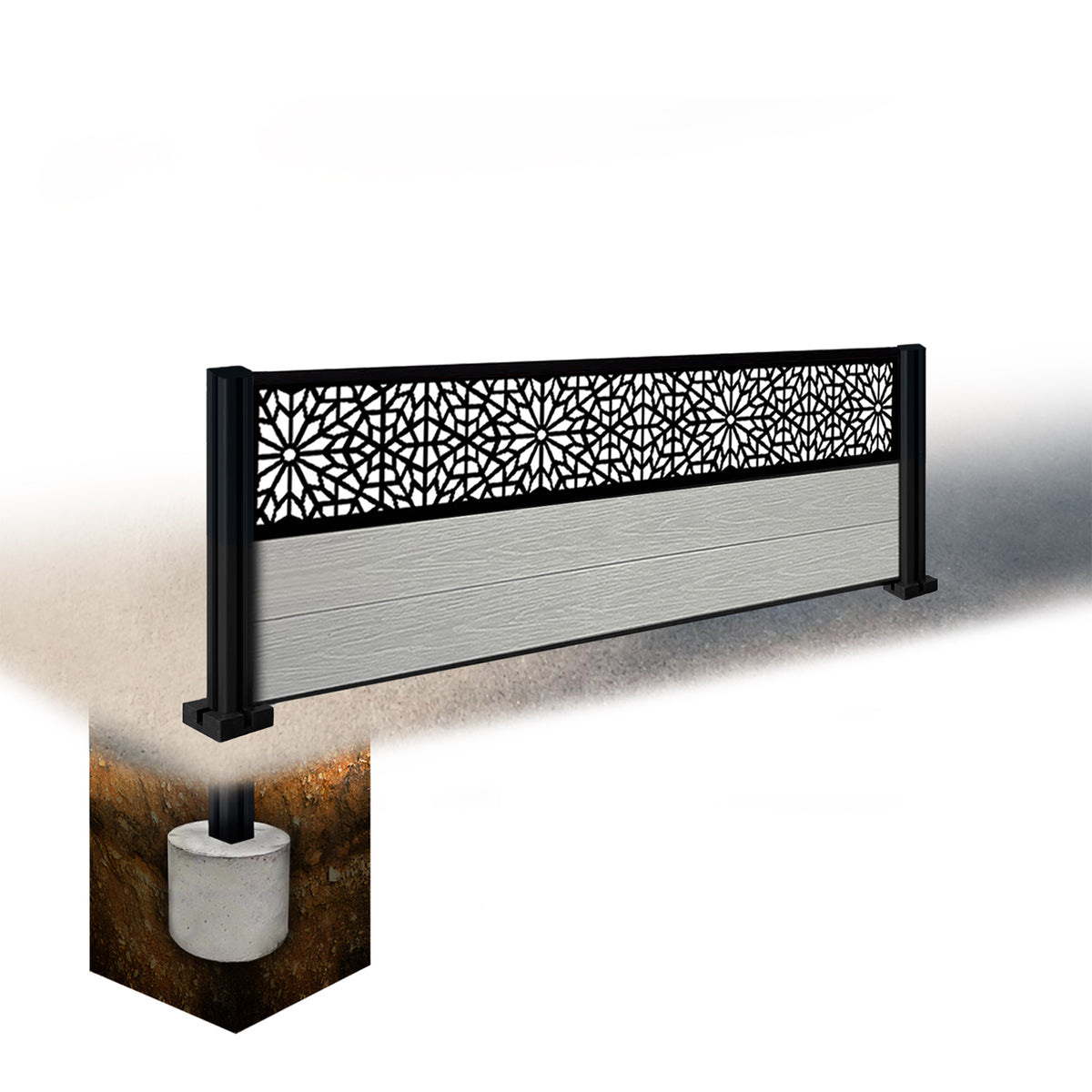 EasyComposite 3ft Composite Fence Panel & Aluminium Post Sunken in Ground - Light Grey Boards & Morocco Topper Trellis