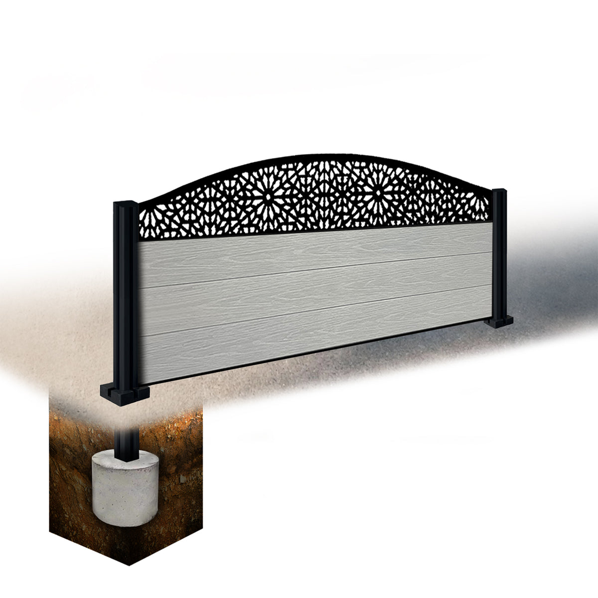 EasyComposite 2ft Composite Fence Panel & Aluminium Post Sunken in Ground - Light Grey Boards & Morocco Curved Topper Trellis