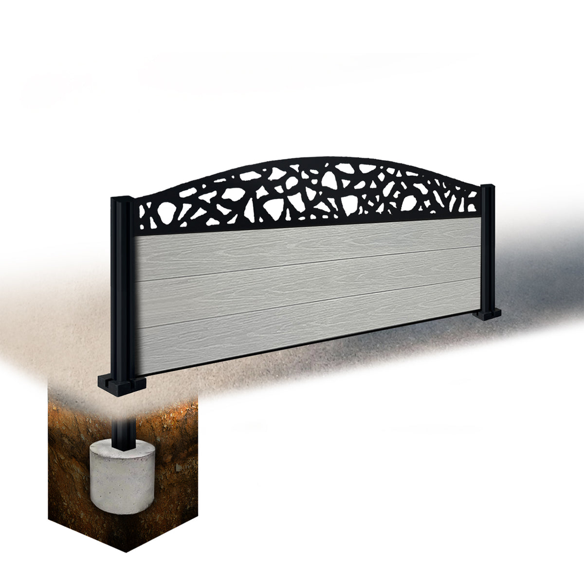 EasyComposite 2ft Composite Fence Panel & Aluminium Post Sunken in Ground - Light Grey Boards & Pebble Curved Topper Trellis