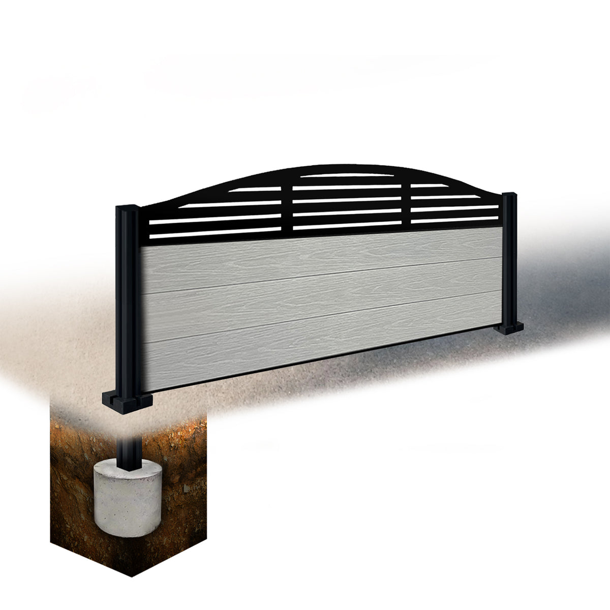 EasyComposite 2ft Composite Fence Panel & Aluminium Post Sunken in Ground - Light Grey Boards & Slat Curved Topper Trellis