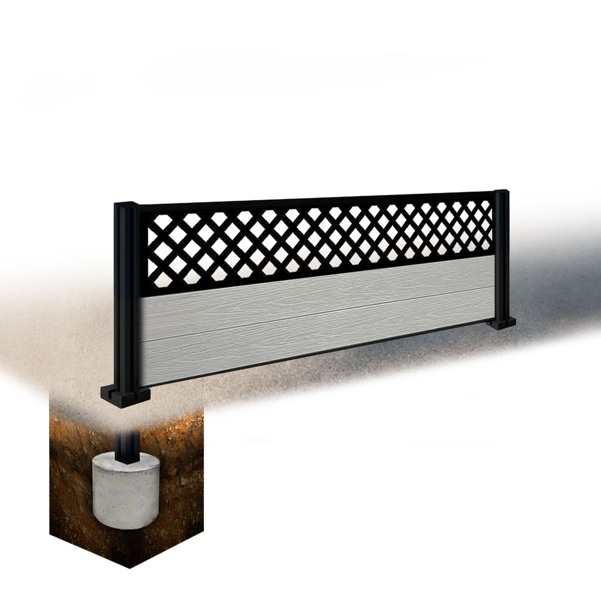 EasyComposite 2ft Composite Fence Panel & Aluminium Post Sunken in Ground - Light Grey Boards & Wave Topper Trellis