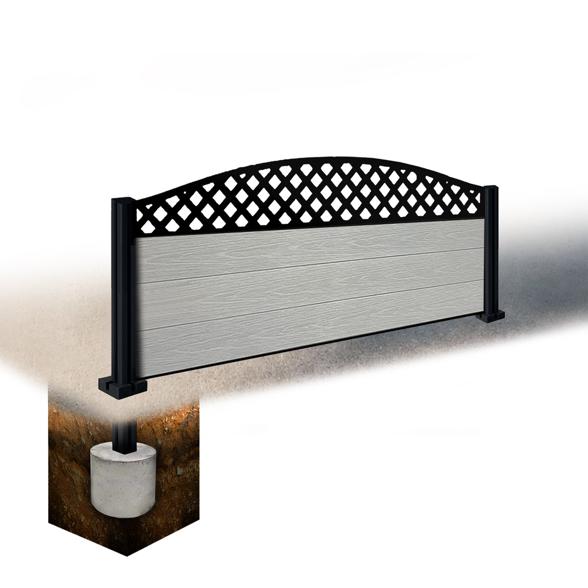EasyComposite 2ft Composite Fence Panel & Aluminium Post Sunken in Ground - Light Grey Boards & Wave curved Topper Trellis