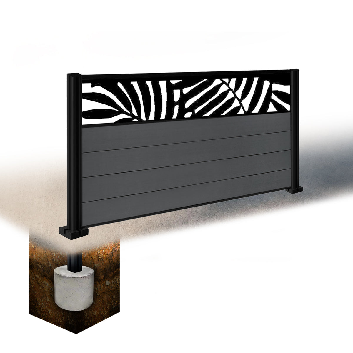 EasyComposite 5ft Composite Fence Panel & Aluminium Post Sunken in Ground - Dark Grey RAL7016 Boards & Leafy Topper Trellis
