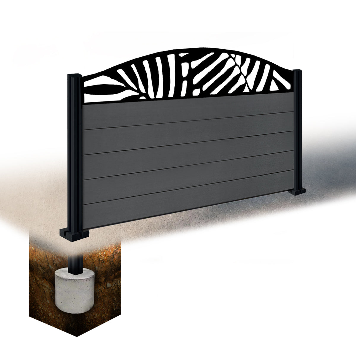 EasyComposite 3ft Composite Fence Panel & Aluminium Post Sunken in Ground - Dark Grey RAL7016 Boards & Leafy Curved Topper Trellis