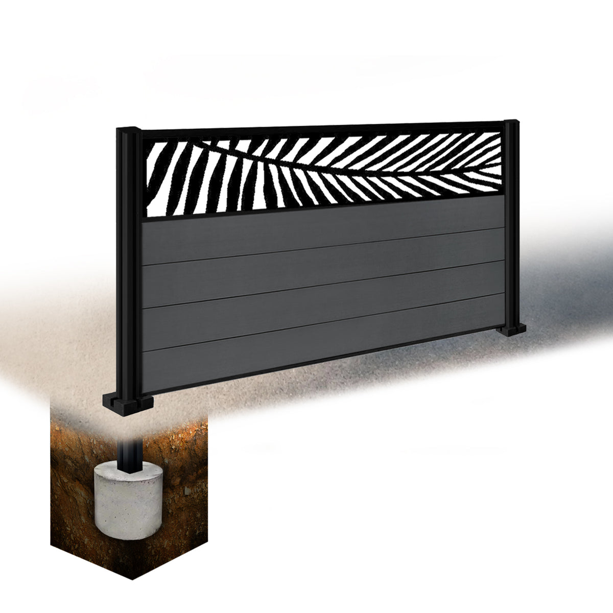 EasyComposite 3ft Composite Fence Panel & Aluminium Post Sunken in Ground - Dark Grey RAL7016 Boards & Palm Topper Trellis