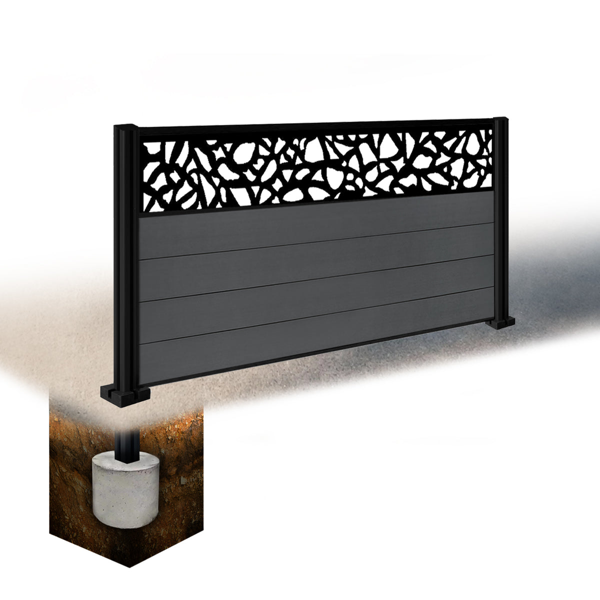 EasyComposite 3ft Composite Fence Panel & Aluminium Post Sunken in Ground - Dark Grey RAL7016 Boards & Pebble Topper Trellis