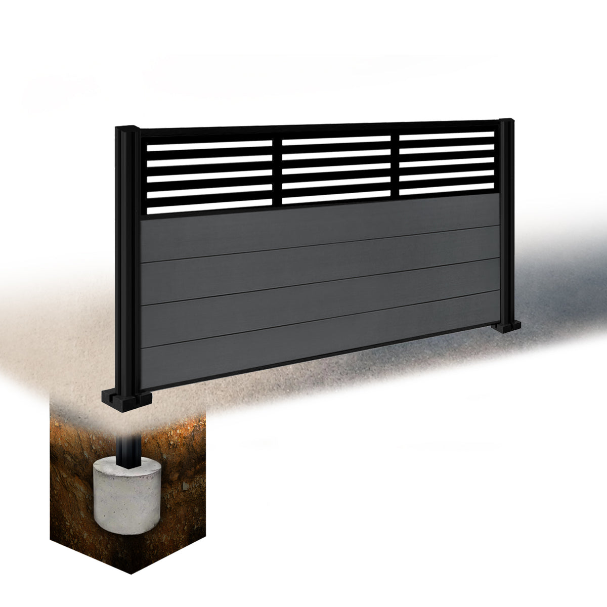 EasyComposite 3ft Composite Fence Panel & Aluminium Post Sunken in Ground - Dark Grey RAL7016 Boards & Slat Topper Trellis