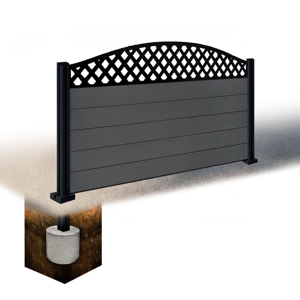EasyComposite 3ft Composite Fence Panel & Aluminium Post Sunken in Ground - Dark Grey RAL7016 Boards & Wave curved Topper Trellis