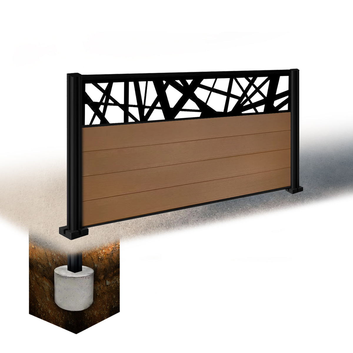 EasyComposite 3ft Composite Fence Panel & Aluminium Post Sunken in Ground - Golden Teak Boards & Laser Topper Trellis
